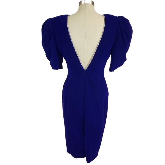 VTG 80s 90s Velvet Puff Sleeve Cocktail Dress Rhinestones Open Back Purple Retro - Picture 3 of 16